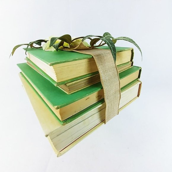 Book Stack Hardcover Ribbon Wrapped Floral Topped Reclaimed Books Set of 4 - Picture 4 of 8